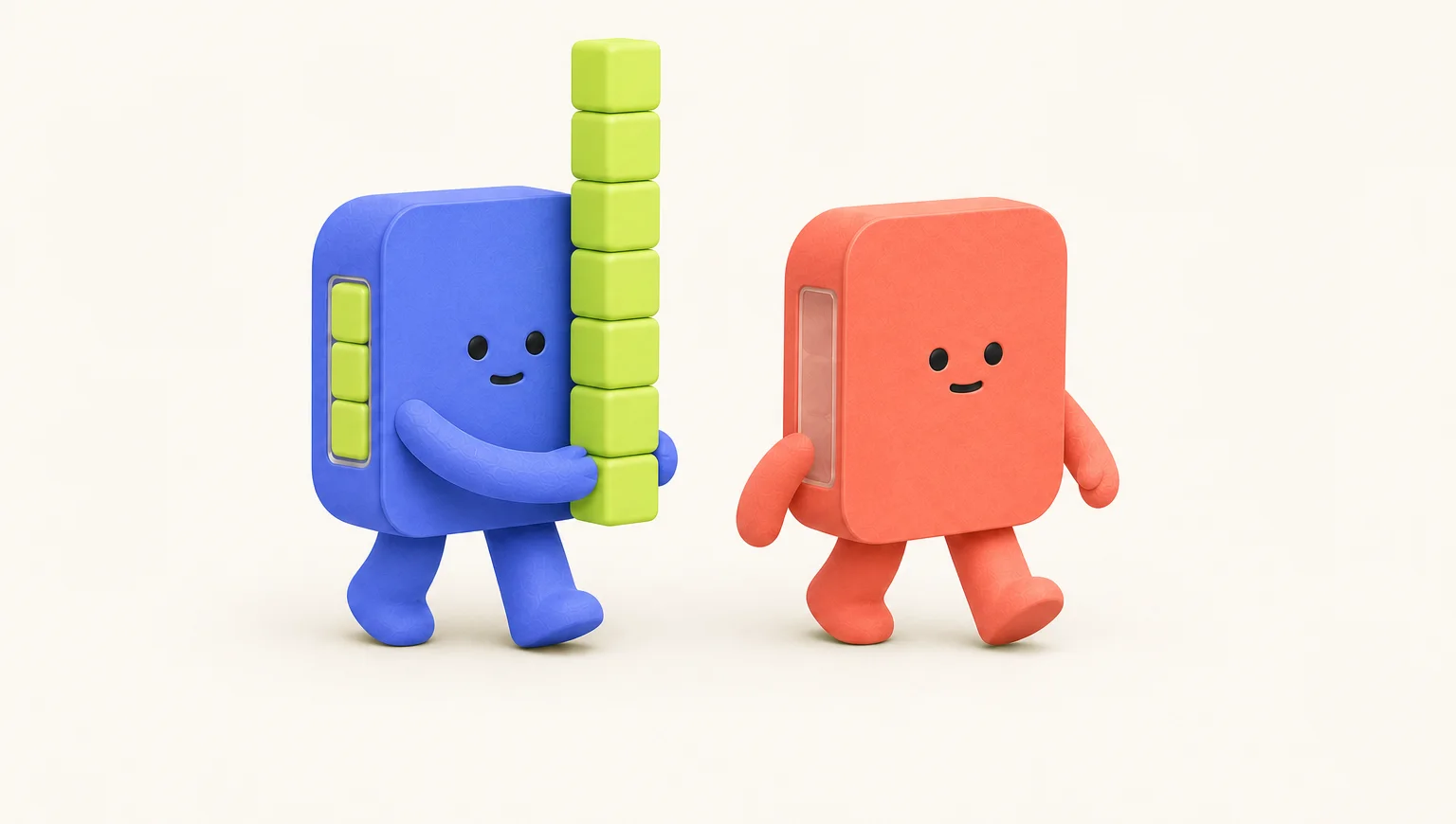 A fully loaded blue Buddy carries a tall balanced stack of Spark Lime task cubes while a relaxed coral founder Bud strolls beside it hands-free